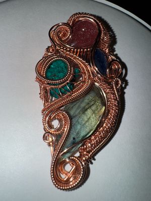Sunstone, Dioptase, Kyanite, Labradorite Pendant In Cooper