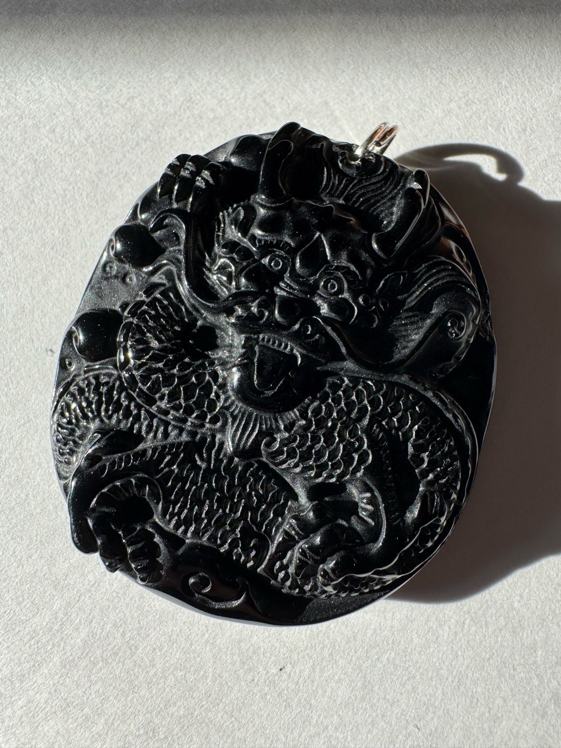 Black Obsidian Dragon Pendant Lg. W/ Silver Hoop