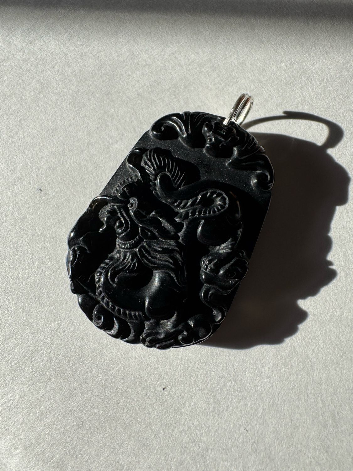 Black Obsidian Dragon Pendant Med. W/ Silver Hoop