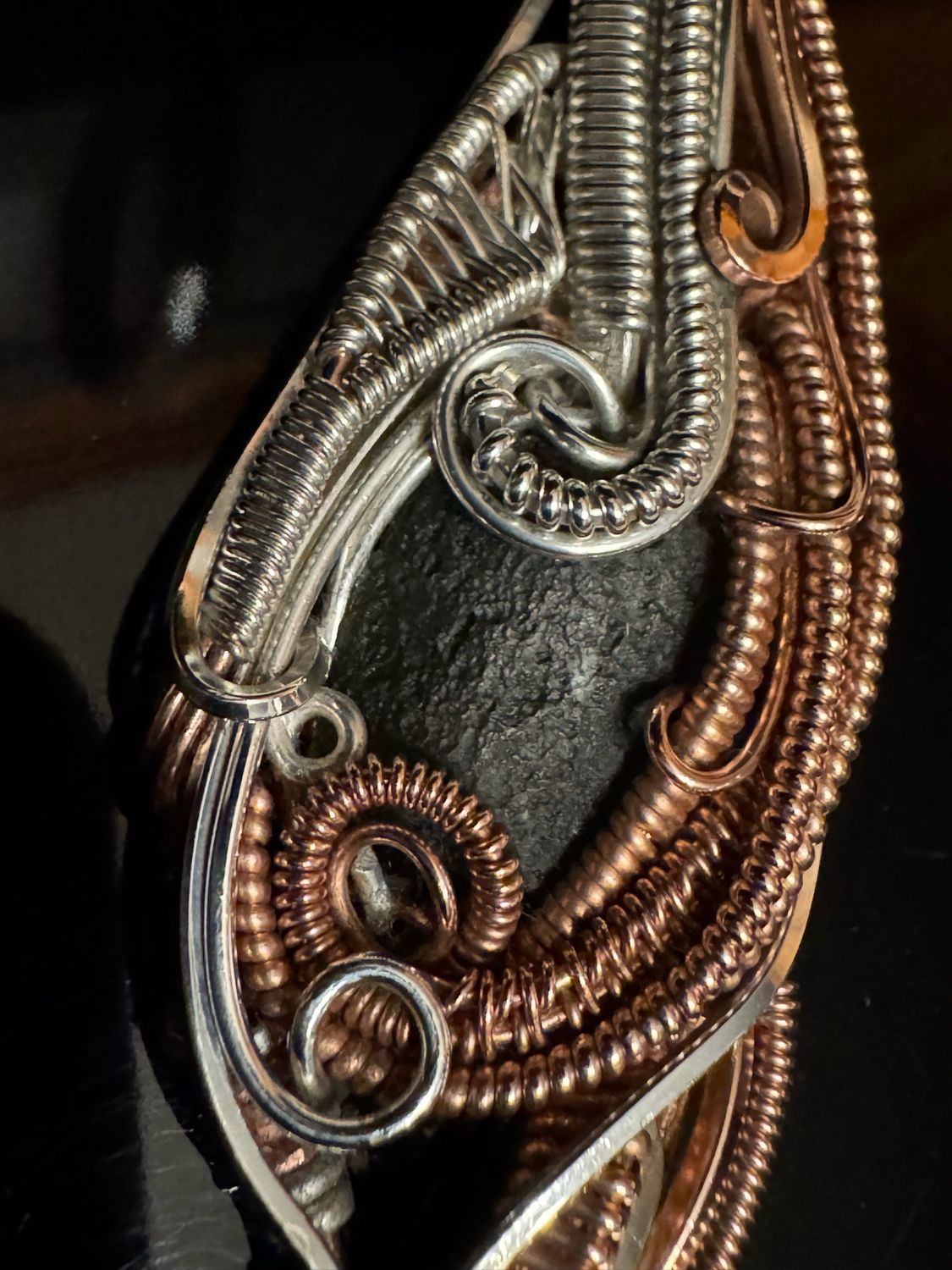 Moldavite In Copper And Fine Silver