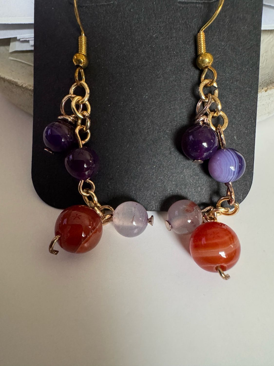 Carnelian Amethyst And Flower Agate Earrings