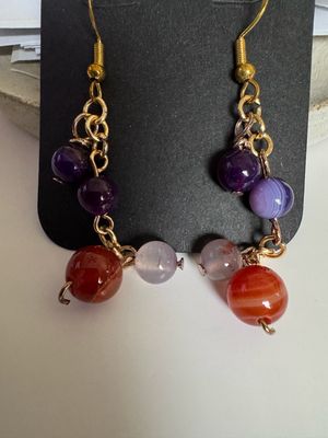 Carnelian Amethyst And Flower Agate Earrings