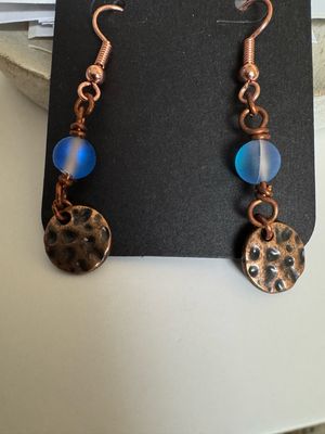 Blue Frosted Glass And Copper Charm Earrings