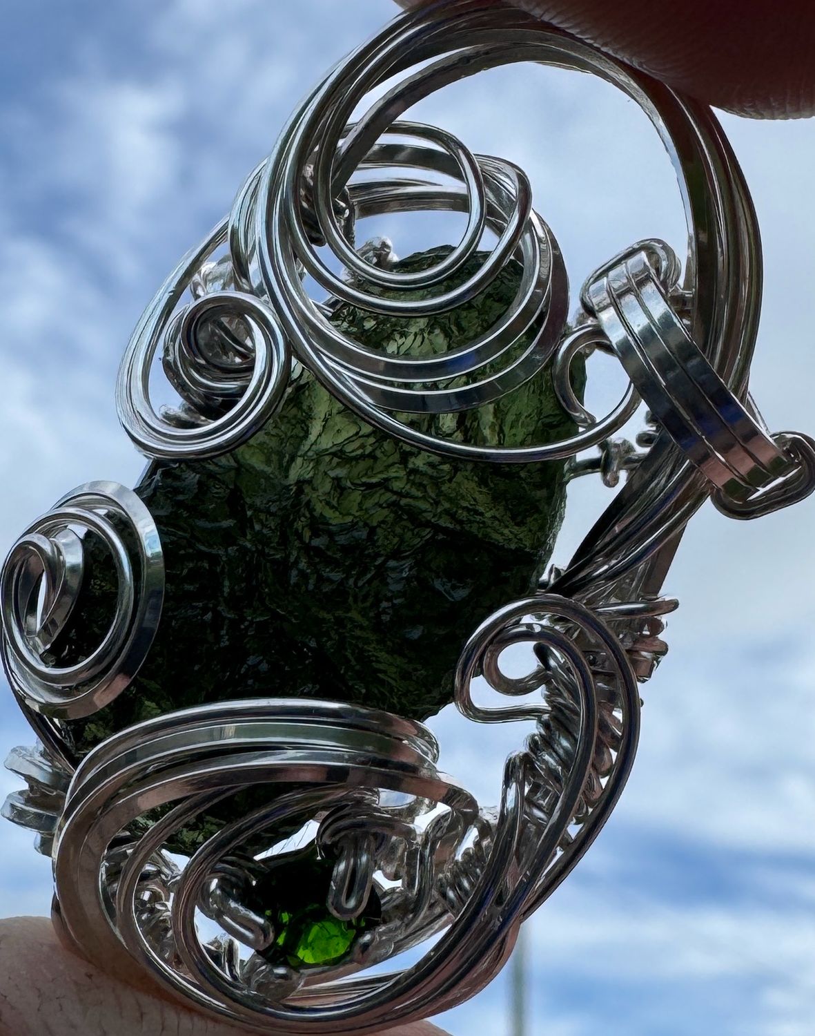 Moldavite And Emerald In .999 And .925 Sterling Silver