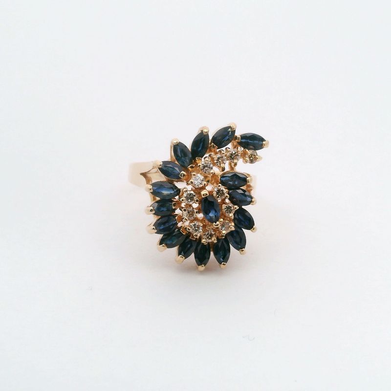 14KY Spiral Sapphire + Diamond Ring