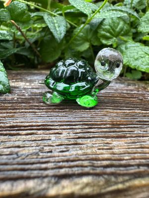 Mini Hand-Blown Glass Turtle with Clear Face and Green Shell