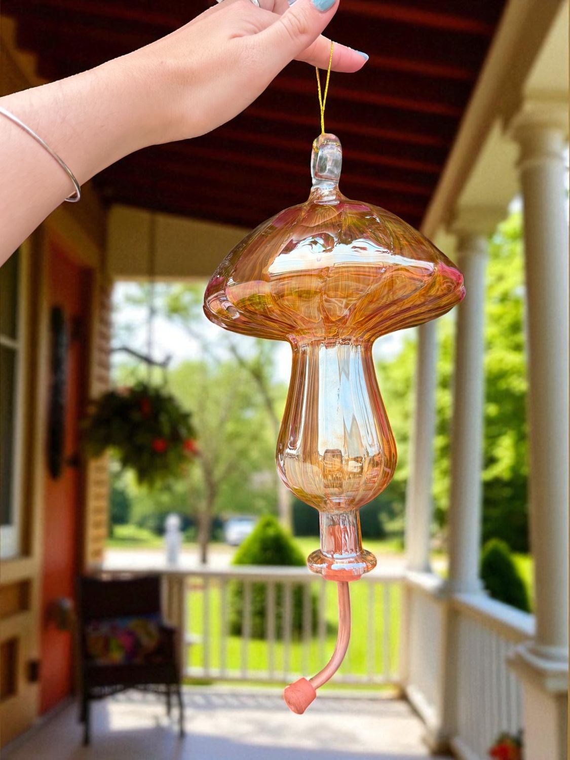 Hand-Blown Glass Mushroom Hummingbird Feeder