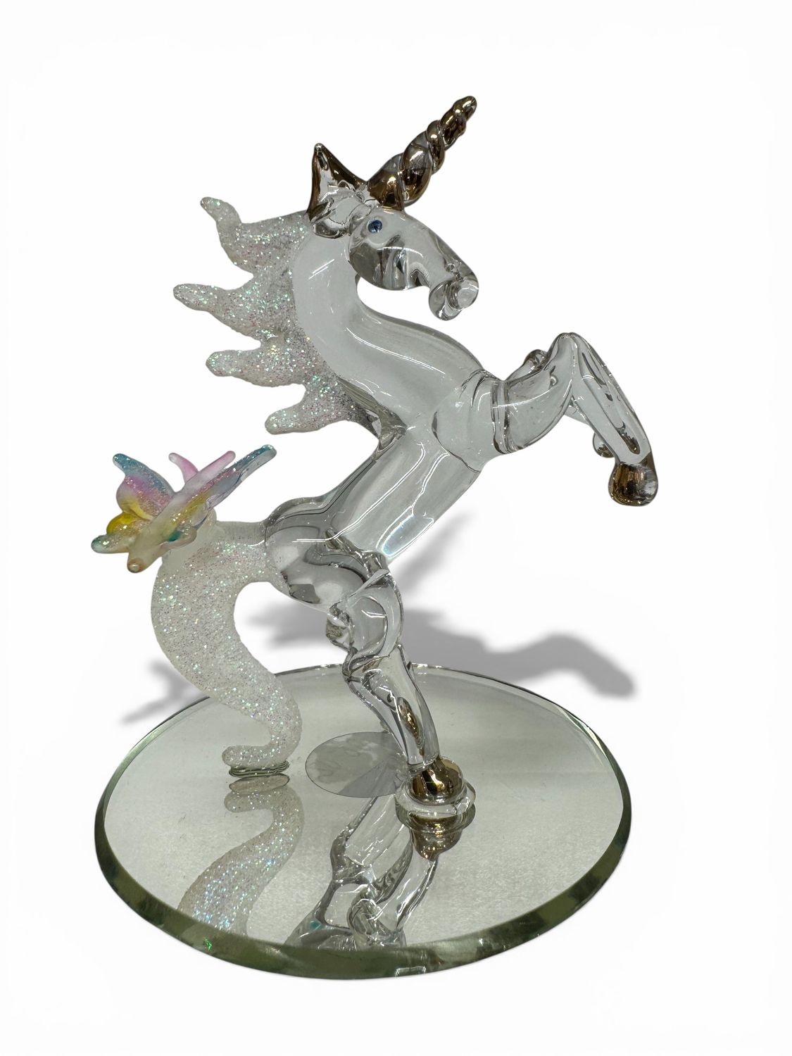 Hand-Blown Glass Unicorn with Butterfly Figurine
