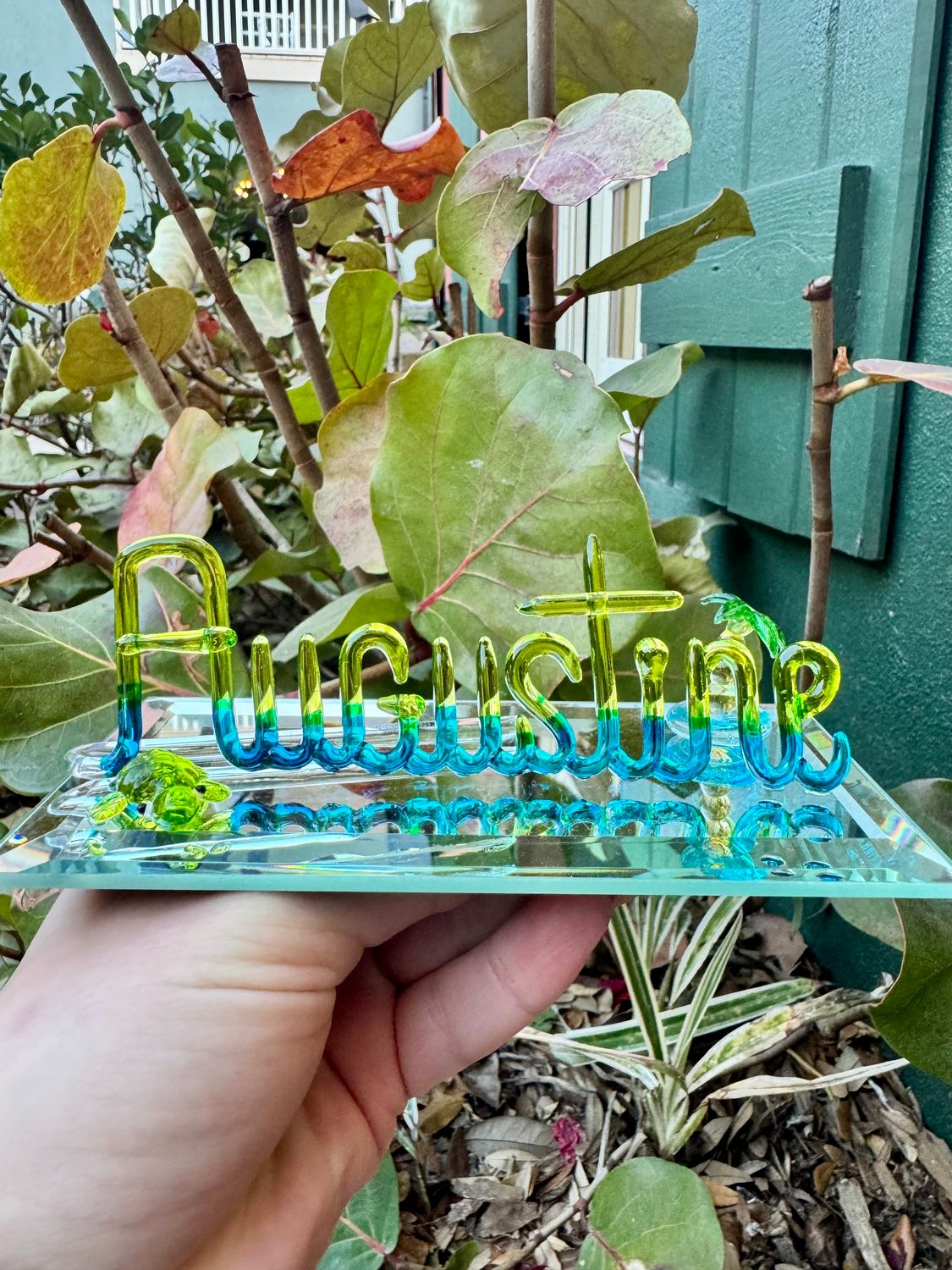 Personalized Glass Name Sign with Turtle and Palm Tree
