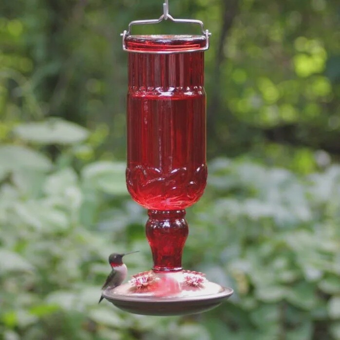 Antique red glass Hummingbird Feeder