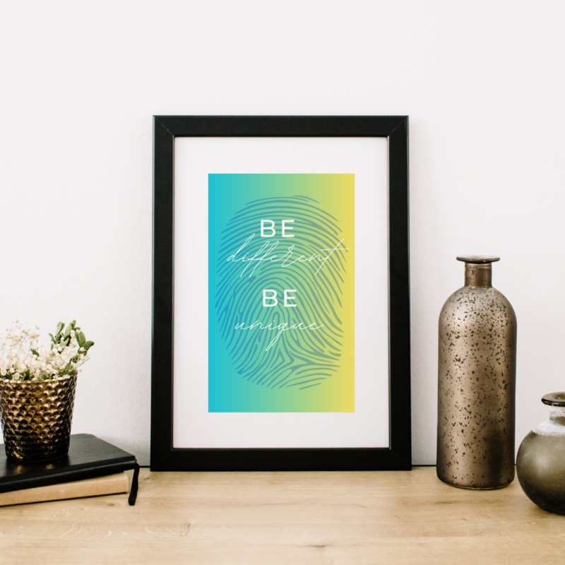 Be Different, Be Unique, blue green, yellow