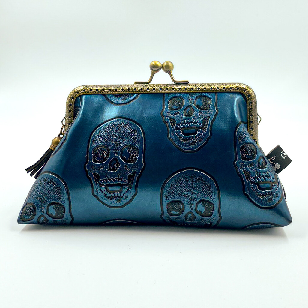 GRAND ​PORTE MONNAIE VINTAGE "TETE DE MORT BLEU"