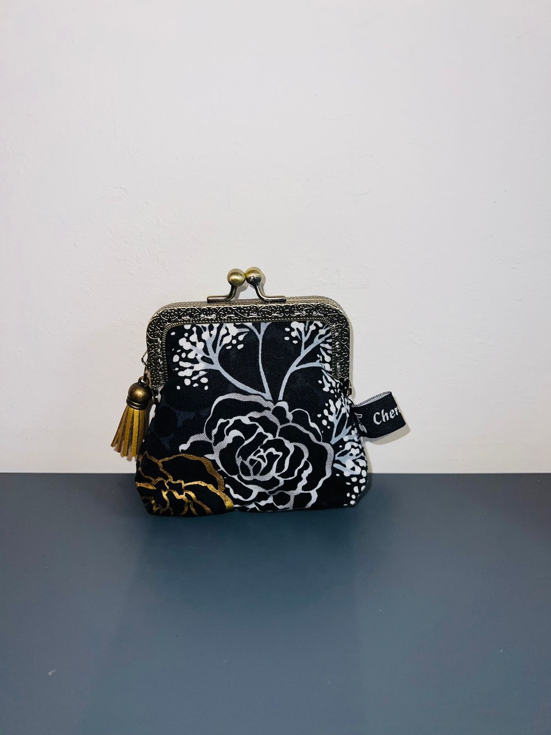 ​PORTE MONNAIE VINTAGE "ROSES GRISES ET OR"