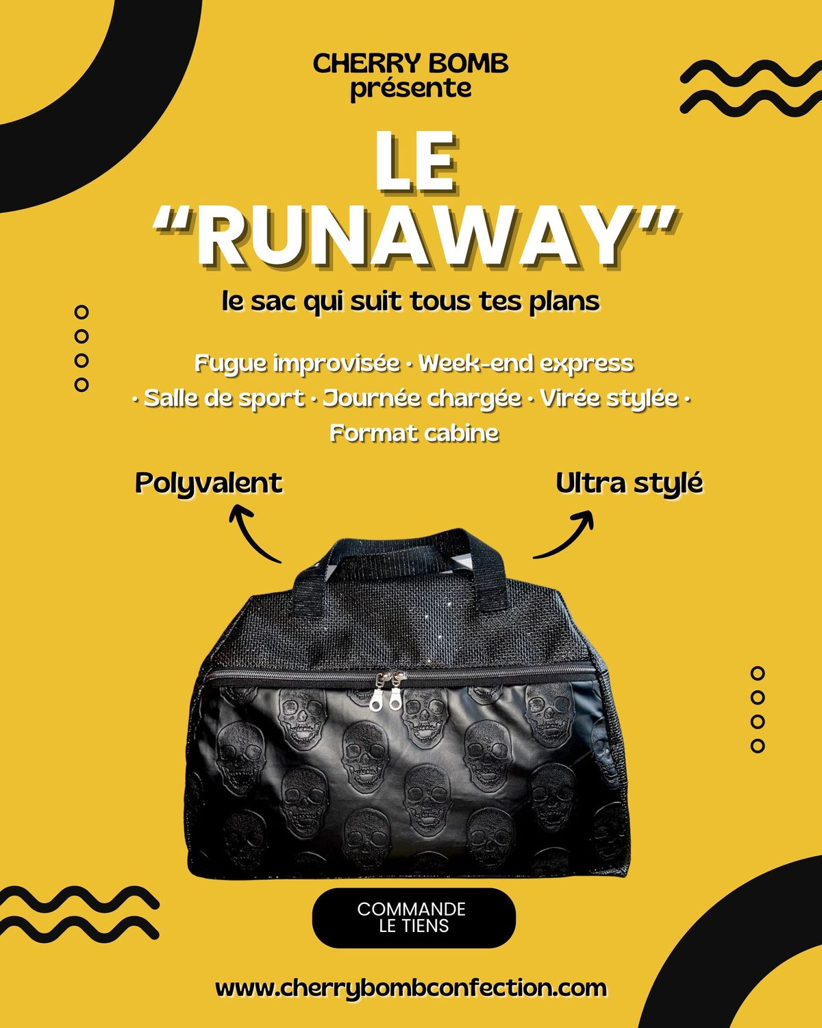 SAC "RUNAWAY" Noir TÊTE DE MORT / Simili PAILLETTES (dispo)