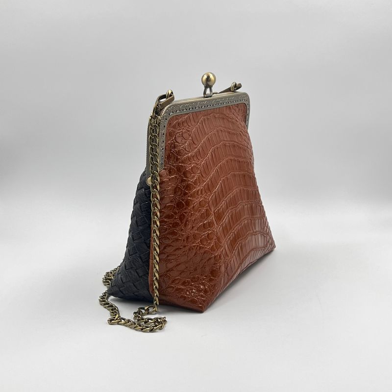 ​PETIT SAC A MAIN VINTAGE "CROCO CAMEL - NOIR TRESSÉ"