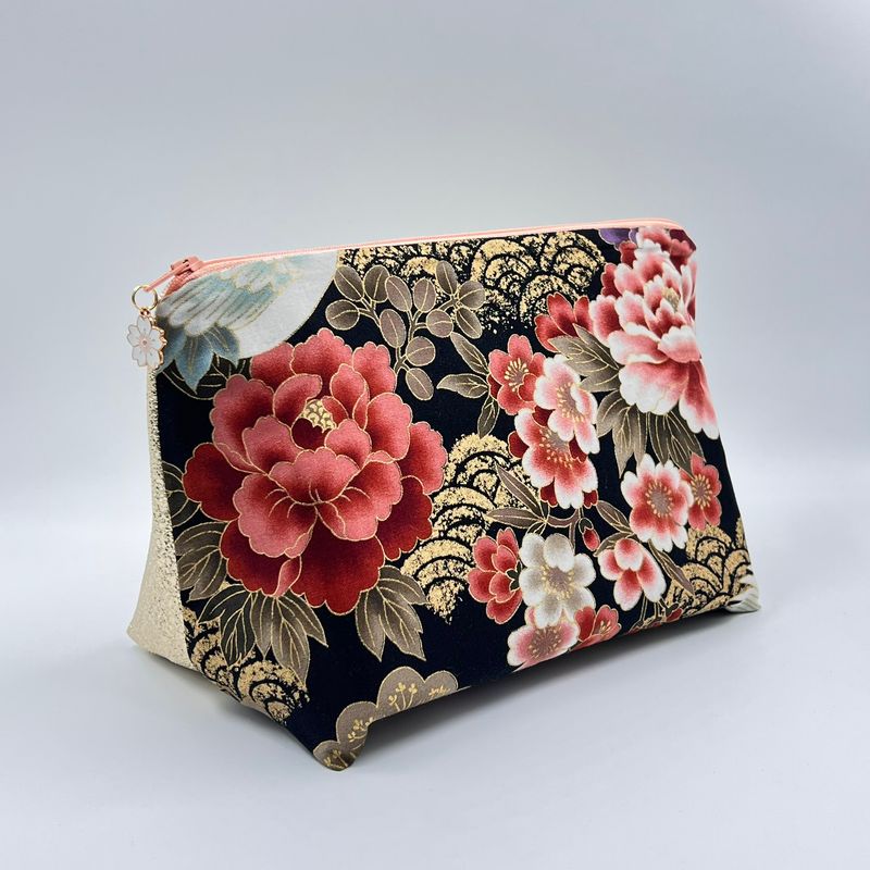 MOYENNE TROUSSE DE TOILETTE "GRUE CORAIL FLEURS - OR"