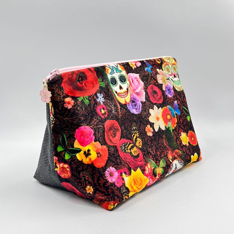 MOYENNE TROUSSE DE TOILETTE "SKULL VELOURS ROSE - PAILLETTES"