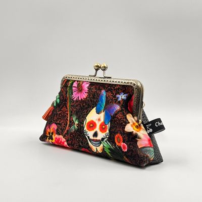 GRAND ​PORTE MONNAIE VINTAGE "SKULL VELOURS - PAILLETTES"