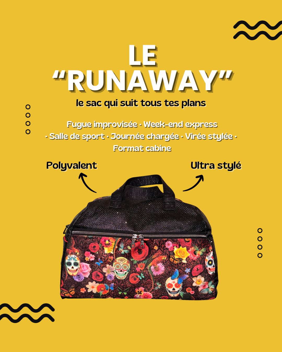 SAC "RUNAWAY" TËTES DE MORT MEXICAINES VELOURS / simili NOIR PAILLETTES