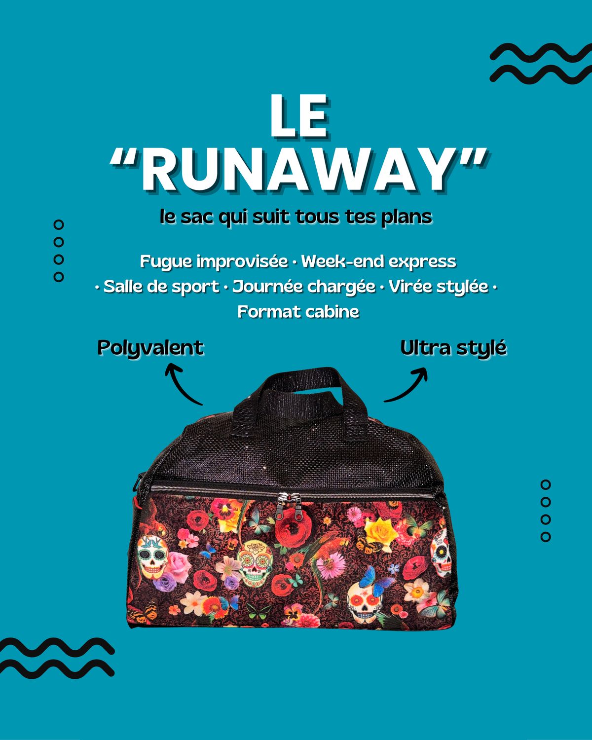 SAC "RUNAWAY" TËTES DE MORT MEXICAINES VELOURS / simili NOIR PAILLETTES (dispo)