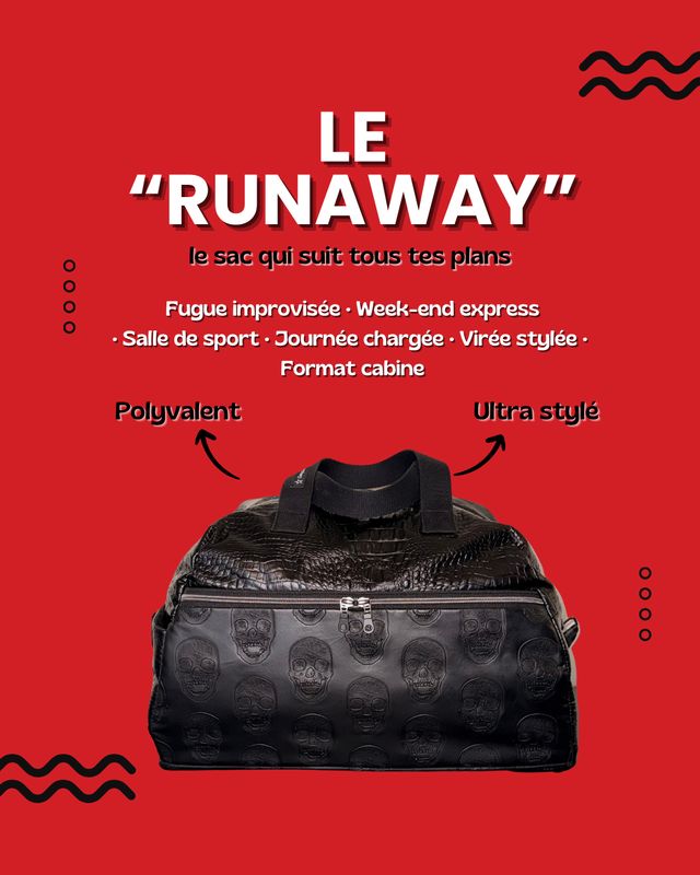 SAC "RUNAWAY" TÊTES DE MORT / simili CROCO noir