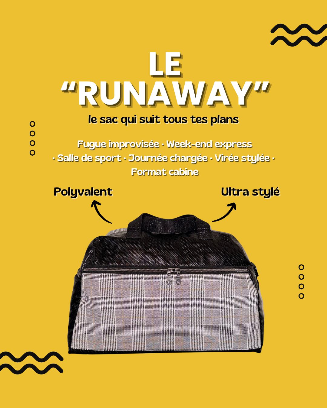 SAC "RUNAWAY" PRINCE DE GALLES / simili CARBONE noir