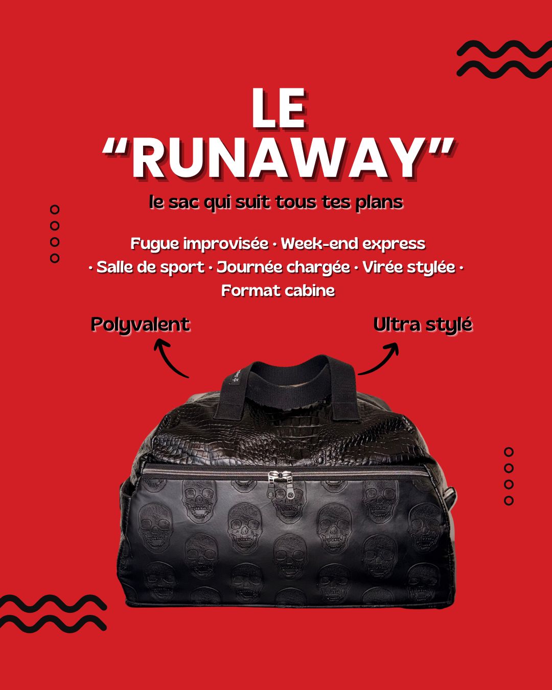 SAC "RUNAWAY" TÊTES DE MORT / simili CROCO noir