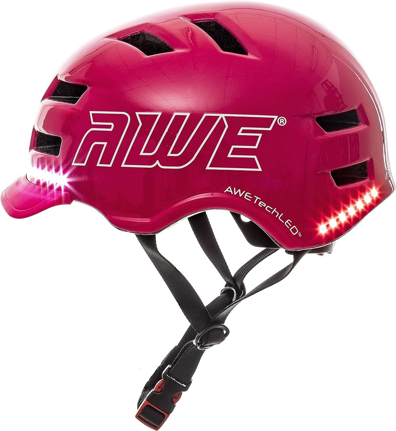 AWE AWETech LED USB Helmet, 360° MEGAVisibility™ 28 Super Bright LED's, E-Bike/E-Scooter/Bike Pink Medium Junior/Adult 55-58cm Fully Rechargeable CE EN1078 APPROVED