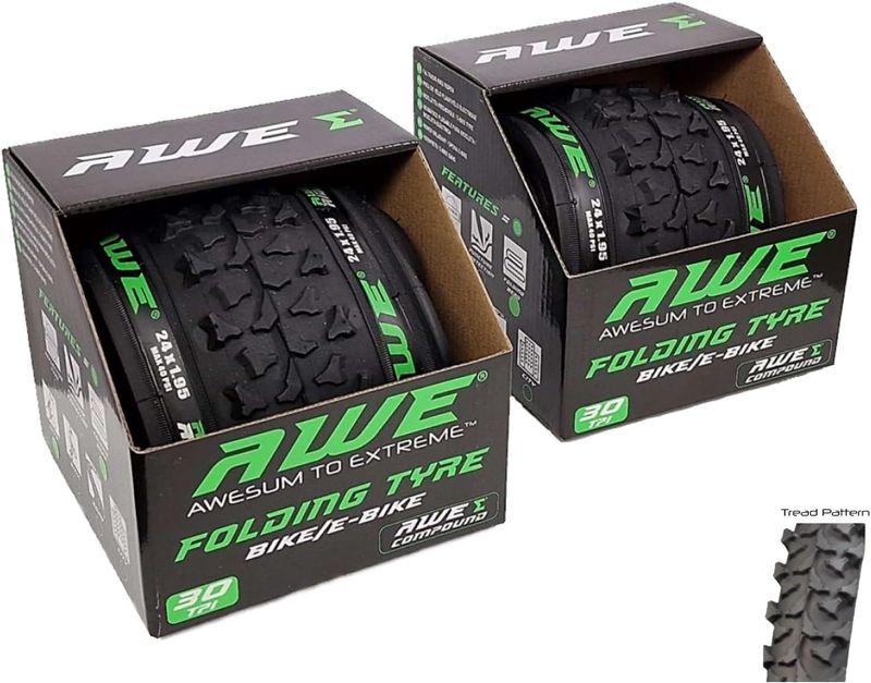 2 x AWE AWERide Bike/E-Bike Folding Tyres 24" x 1.95 cm MTB Tyre 30 TPI