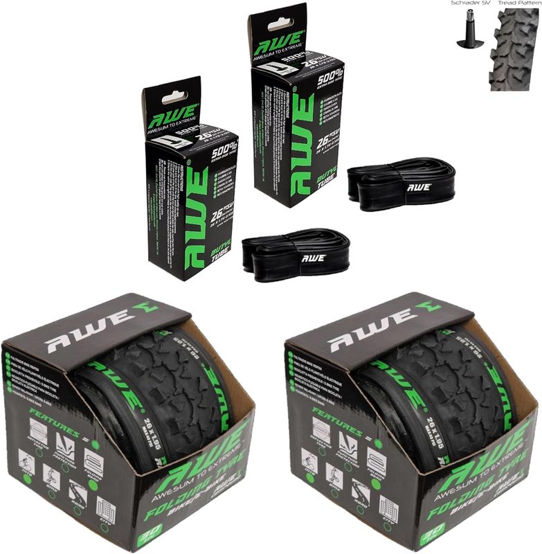 2 x AWE AWERide Folding Tyres 26 x 1.95 cm MTB and 2 x AWE Inner Tubes 26" x 1.75-2.125 Schrader Valve, Tyre/Tube set for MTB