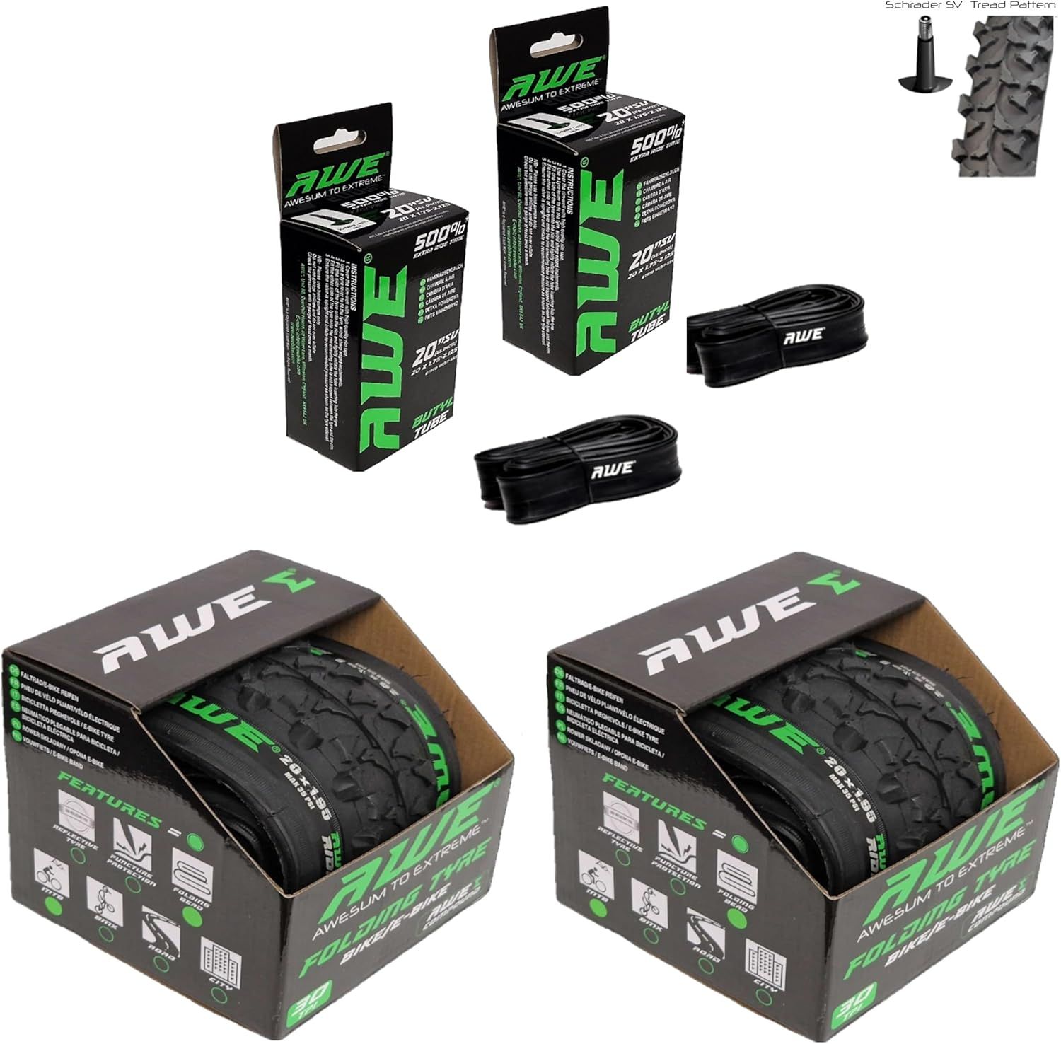 2 x AWE AWERide Folding Tyres 20 x 1.95 cm MTB and 2 x AWE Inner Tubes 20" x 1.75-2.125 Schrader Valve, Tyre/Tube set for MTB