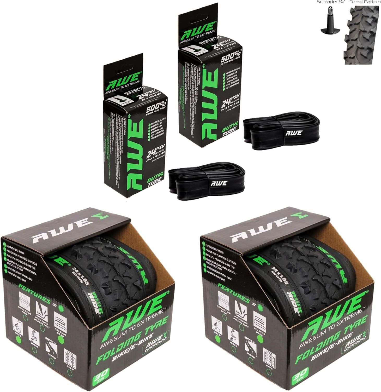 2 x AWE AWERide Folding Tyres 24 x 1.95 cm MTB and 2 x AWE Inner Tubes 24" x 1.75-2.125 Schrader Valve, Tyre/Tube set for MTB