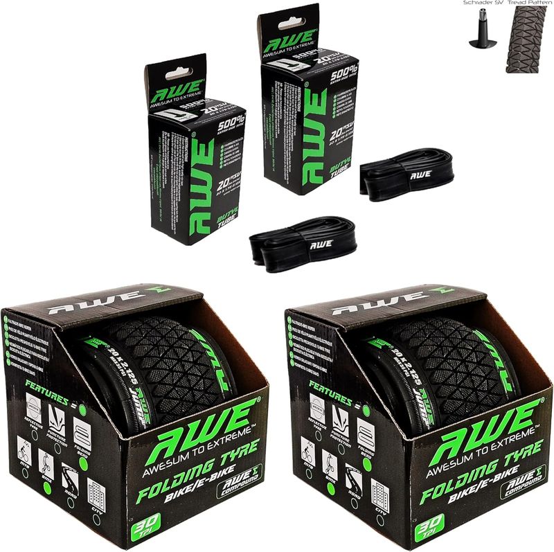 2 x AWE AWEJump Folding Tyres 20 x 2.125 BMX and 2 x AWE Inner Tubes 20" x 1.75-2.125 Schrader Valve, Tyre/Tube set for BMX