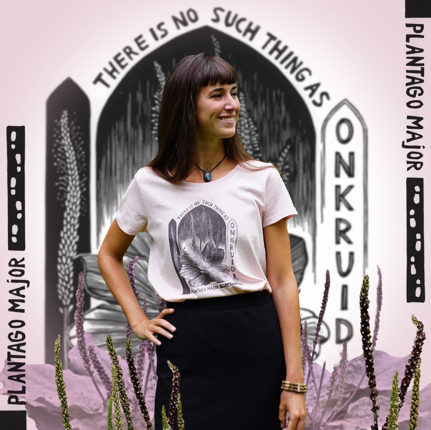 #4 Plantago Mayor/  women&#39;s t-shirt / Cream Pink