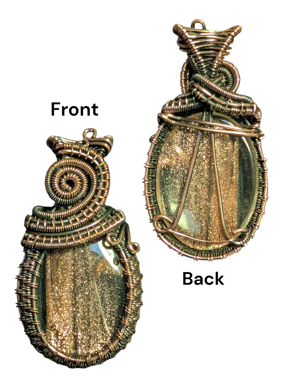 Sunstone Glass Oxidized Copper Wire Wrapped Pendant