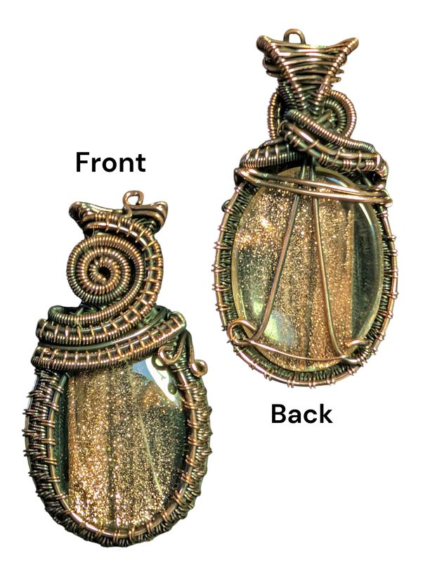 Sunstone Glass Oxidized Copper Wire Wrapped Pendant