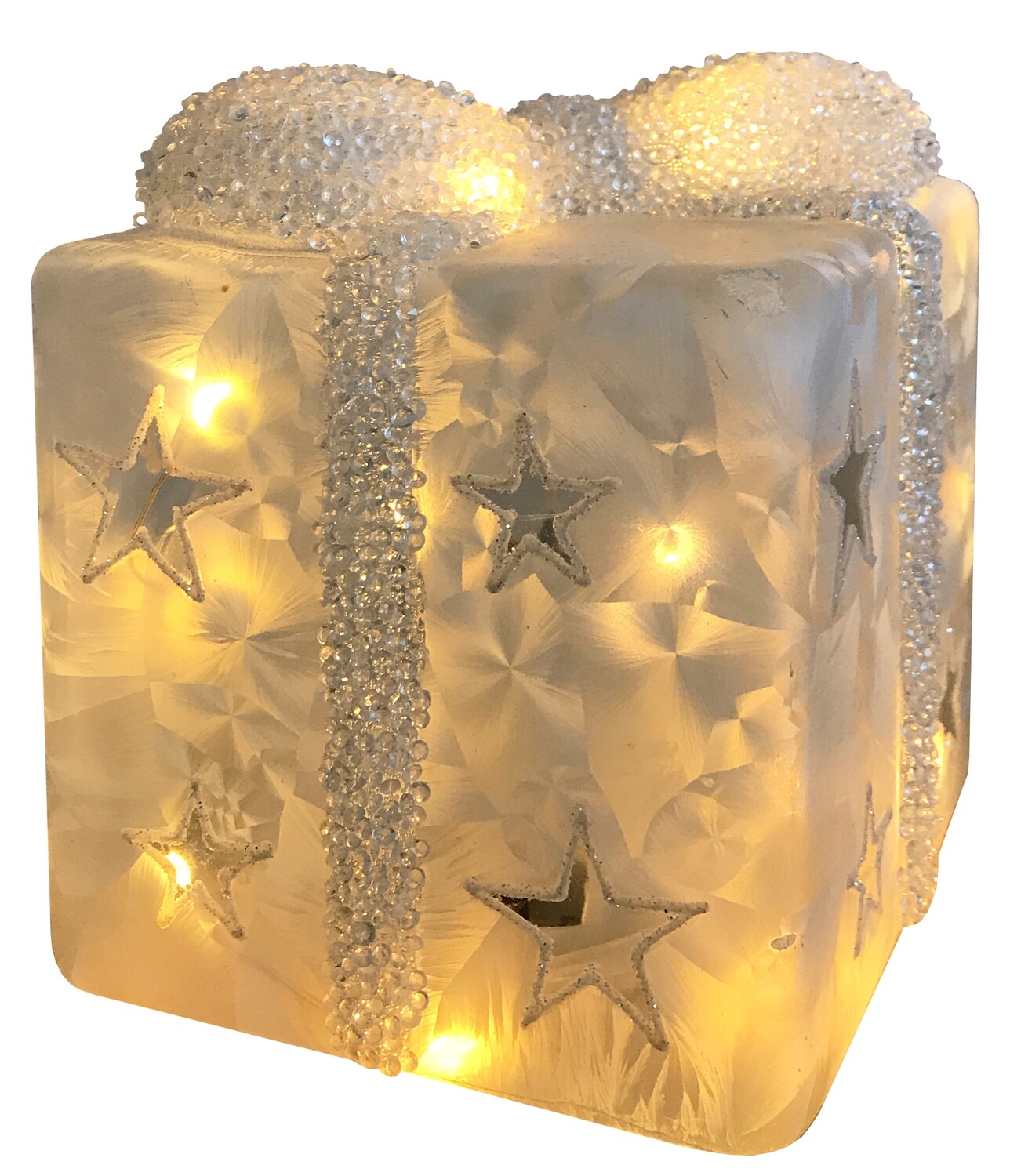 PACCO REGALO VETRO FROST 10CM CON LUCE LED A BATTERIE