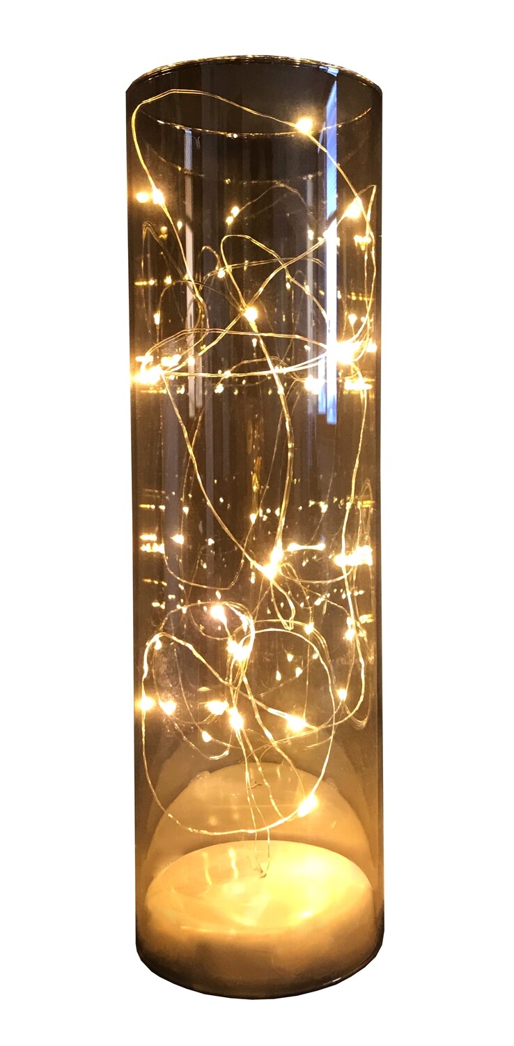 CILINDRO VETRO AMBRA H.20 CM D.9 CM CON GOCCE DI LED A BATTERIE