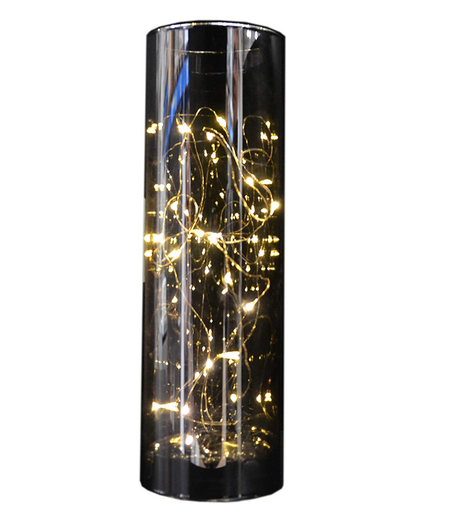 CILINDRO VETRO FUME' DESIGN H.20 CM D.9cm CON GOCCE DI LED A BATTERIE