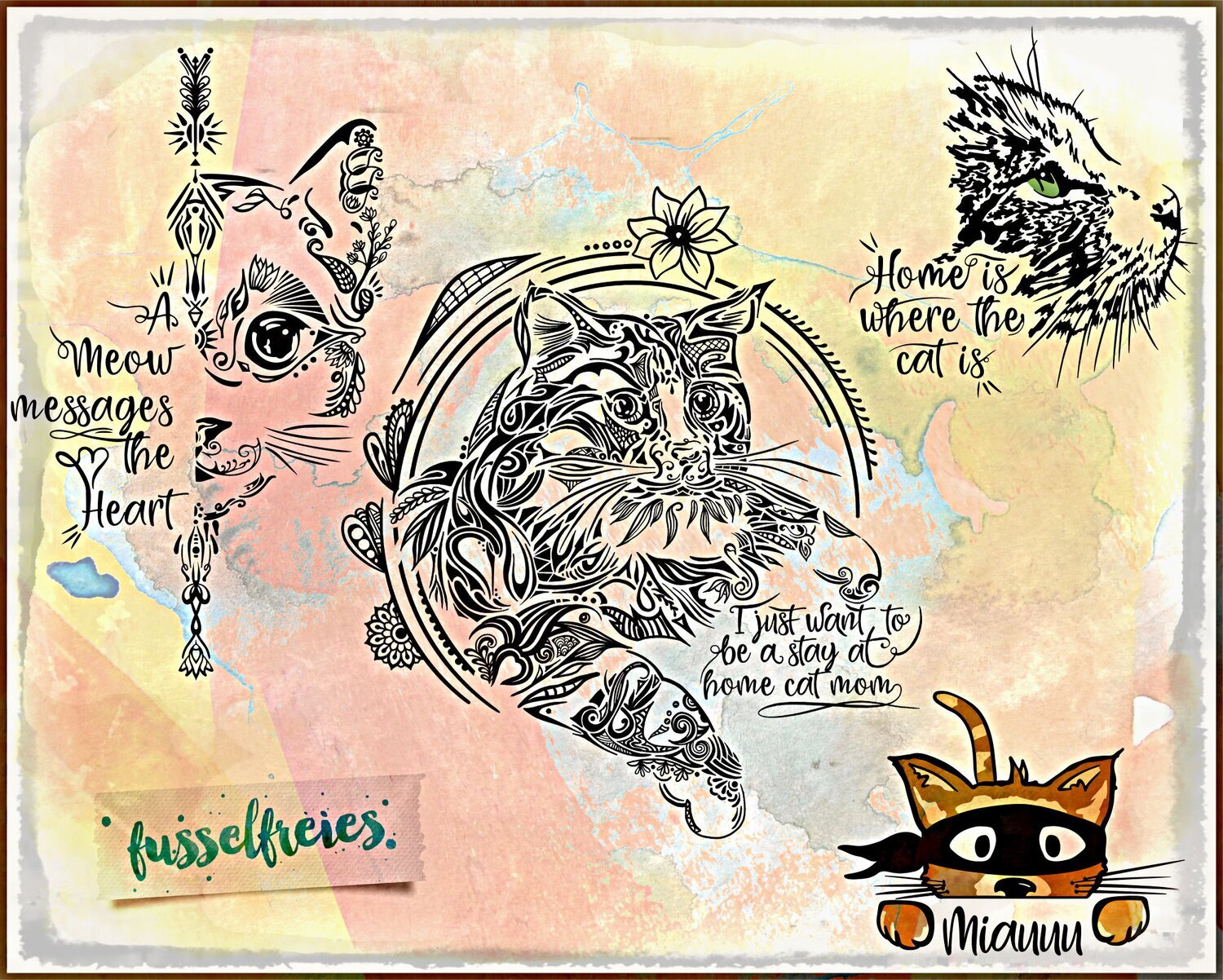 Katzen Liebe im Boho und Comic Stil Plotterdatei Plottervorlage DXF SVG von Fusselfreies