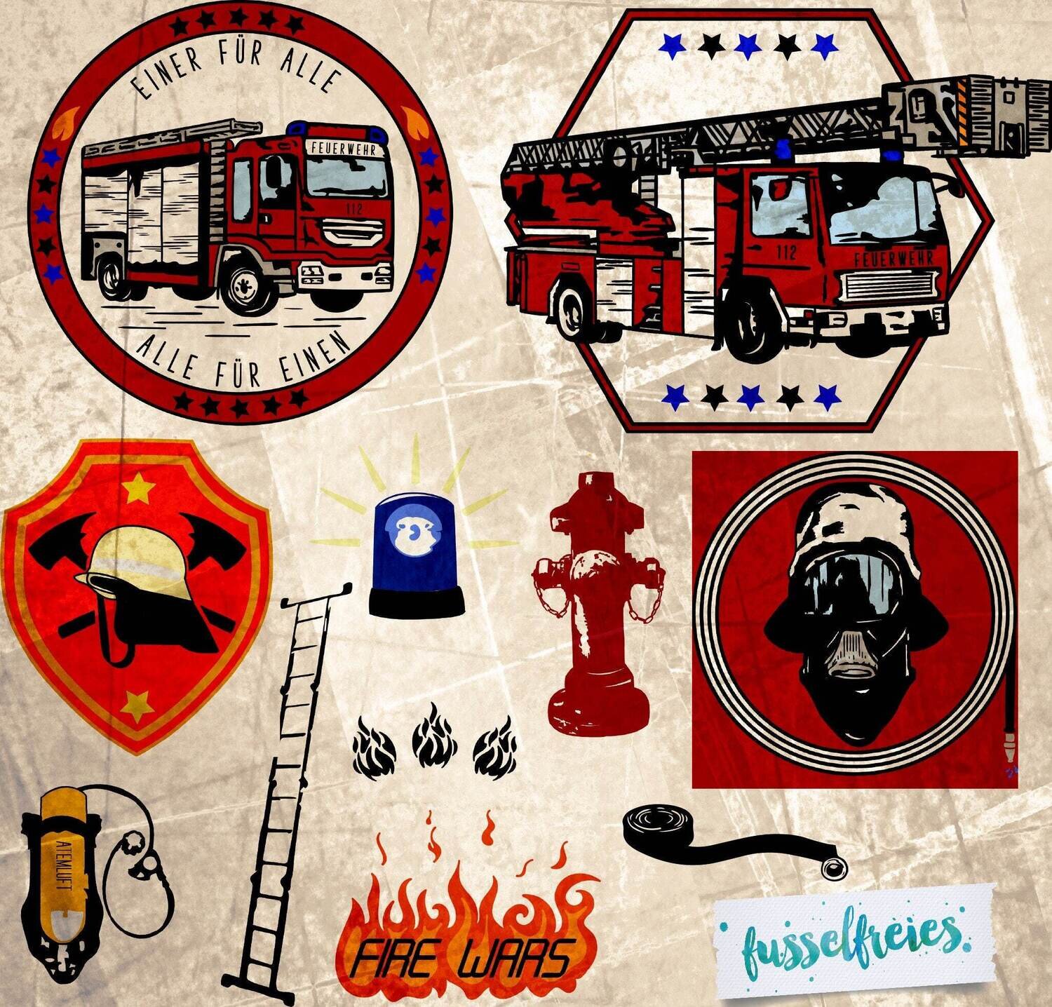 Feuerwehr Plotterdatei DXF SVG Fusselfreies Leiterwagen Hydrant Schlauch Atemschutz Leiter Helm Feuerwehrauto Blaulicht DXF SVG