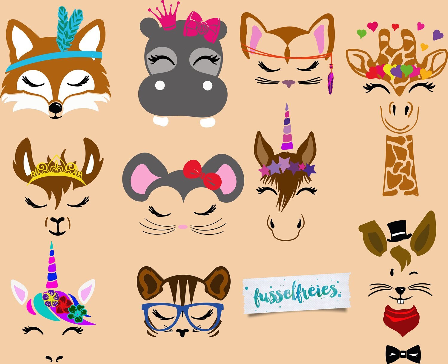 Design Serie &quot;Happymals&quot; - happy animals Plotterdatei DXF SVG Fusselfreies Einhorn, Tiger, Katze, Maus, Pferd, Nilpferd, Fuchs, Giraffe, Hase, Lama