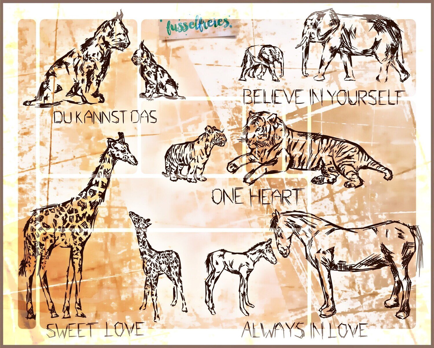 Tier Skizzen  Plotterdatei Plottervorlage DXF SVG Tiger, Giraffe, Pferd, Luchs, Elefant Skizze von Fusselfreies