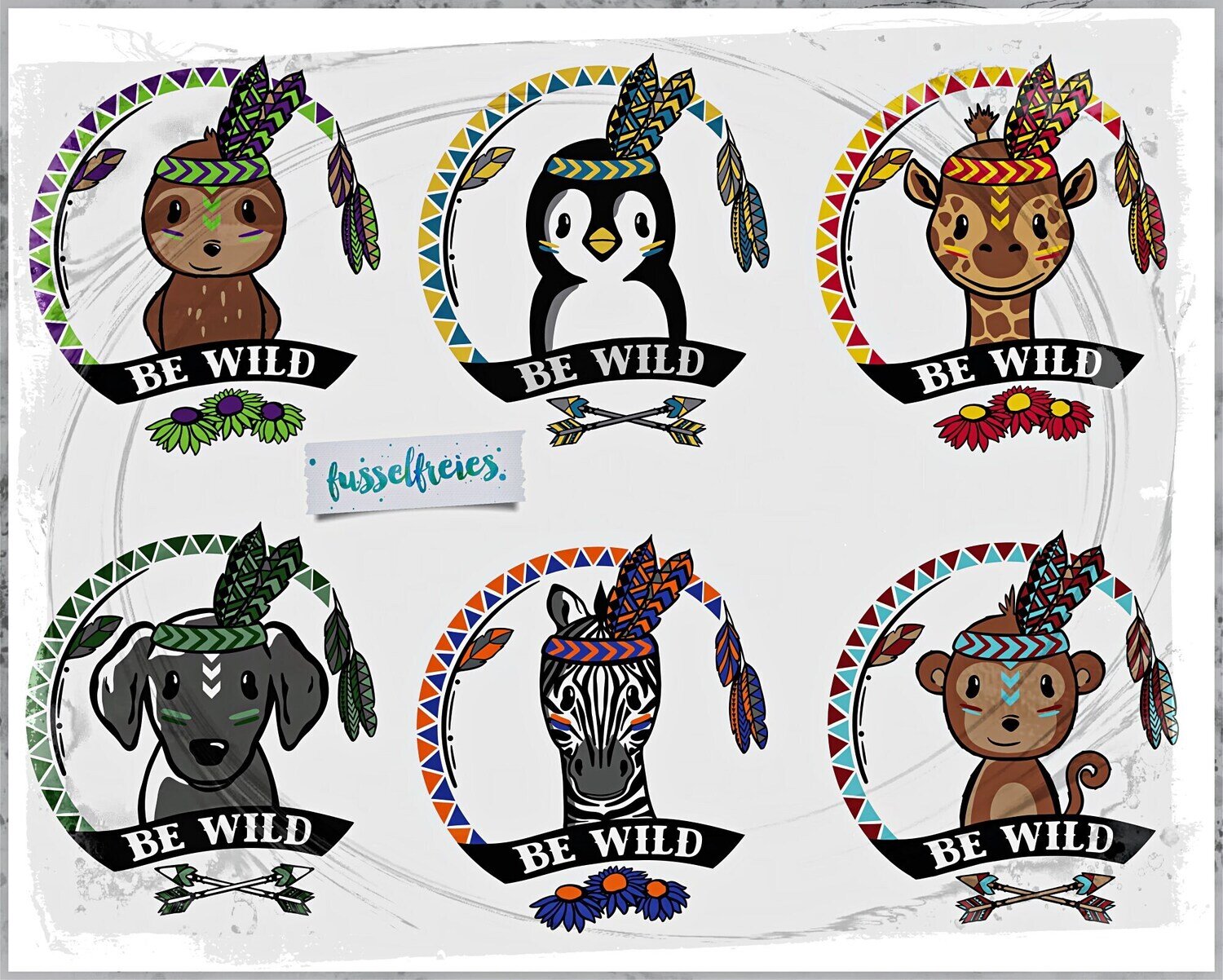 Boho Wildlinge Vol2 - Plotterdatei DXF SVG Hund, Giraffe, Zebra, Faultier, Pinguin und Affe Design Kombi-Serie
