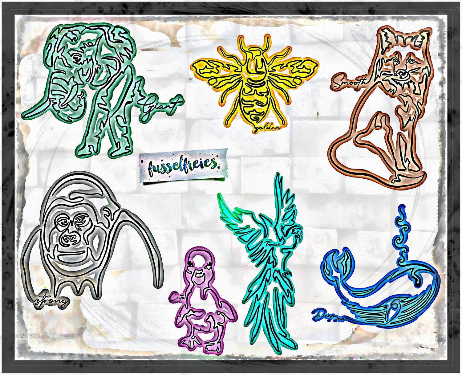 One Line Animals Vol3 Plotterdatei DFX SVG Gorilla, Fuchs, Papagei, Wal, Küken, Elefant, Biene von Fusselfreies (aus Adventskalender 2021)