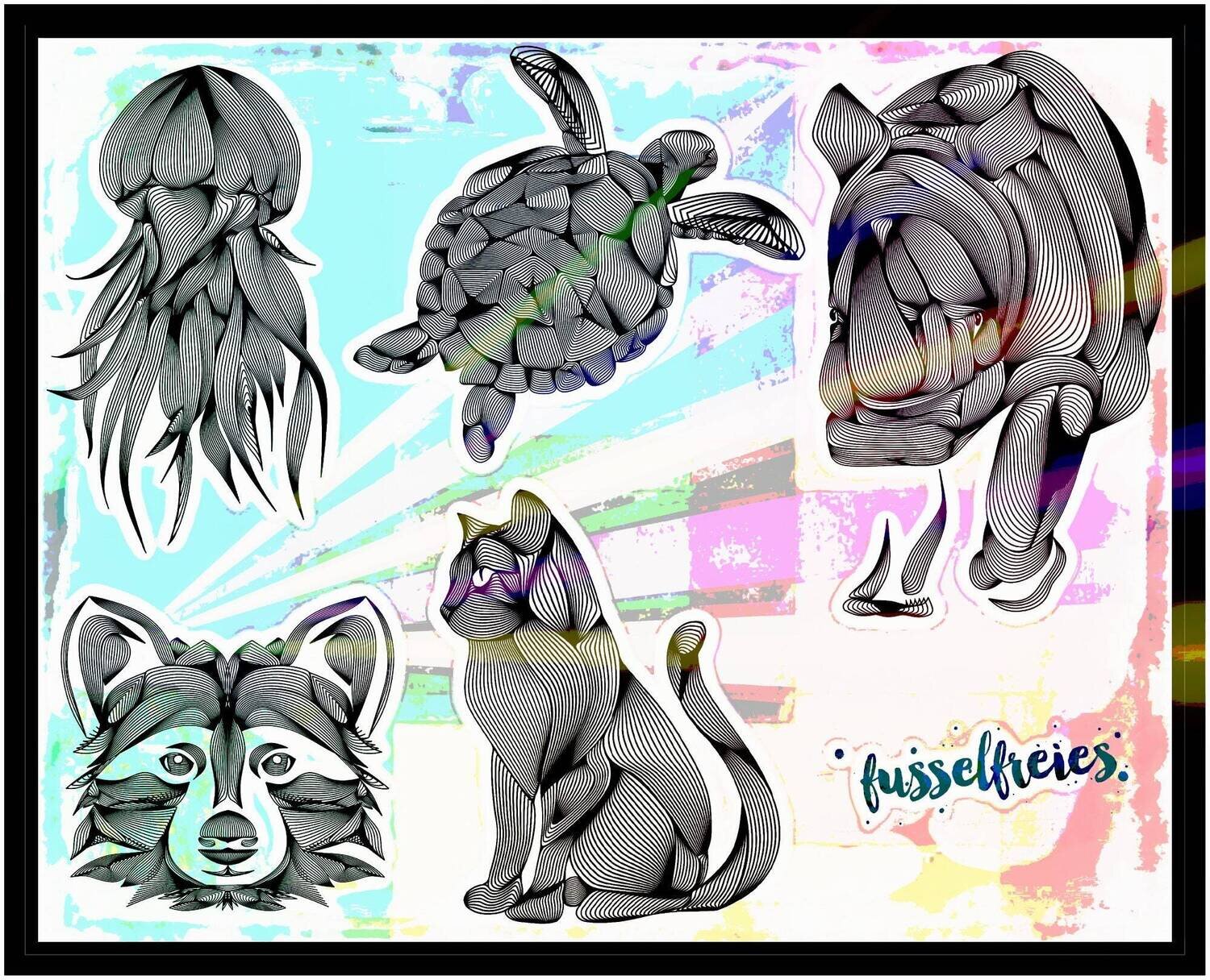 Illusions : Tiere Plotterdatei Plottervorlage DXF SVG - Katze, Nashorn, Waschbär, Schildkröte, Qualle  von Fusselfreies