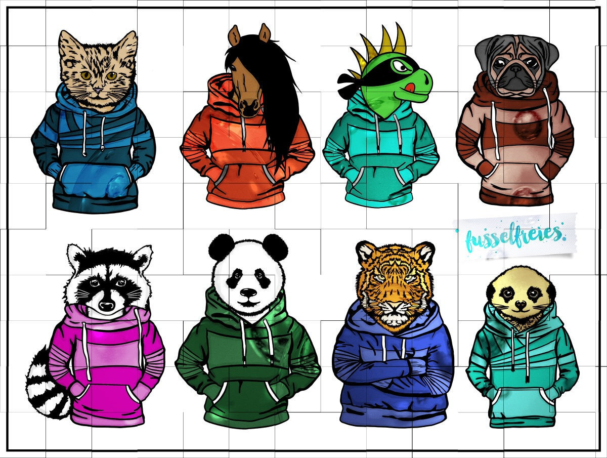 Hoodie Animals - Plotterdatei Plottervorlage DXF SVG Dino Waschbär Panda Mops Tiger Erdmännchen Pferd Katze in Hoodies MiniMe und Fuzzle