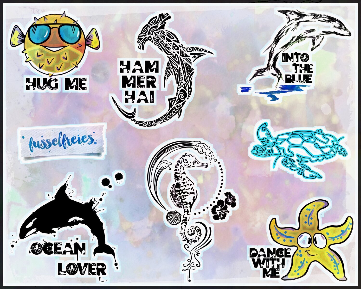 Under the sea VOL6 - Plotterdatei Plottervorlage DXF SVG Delfin, Orca, Hammerhai, Seeschildkröte, Kugelfisch, Seepferdchen, Seestern von Fusselfreies