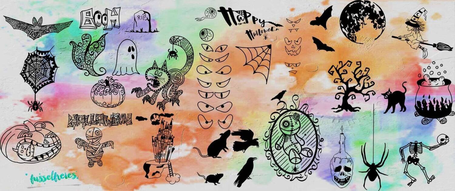 Gespenstisches (Halloween) Plotterdatei DXF SVG Fusselfreies Geist Gespenster Mumie Spukschloss Skelett Grabstein Voodoo Puppe  Fledermaus