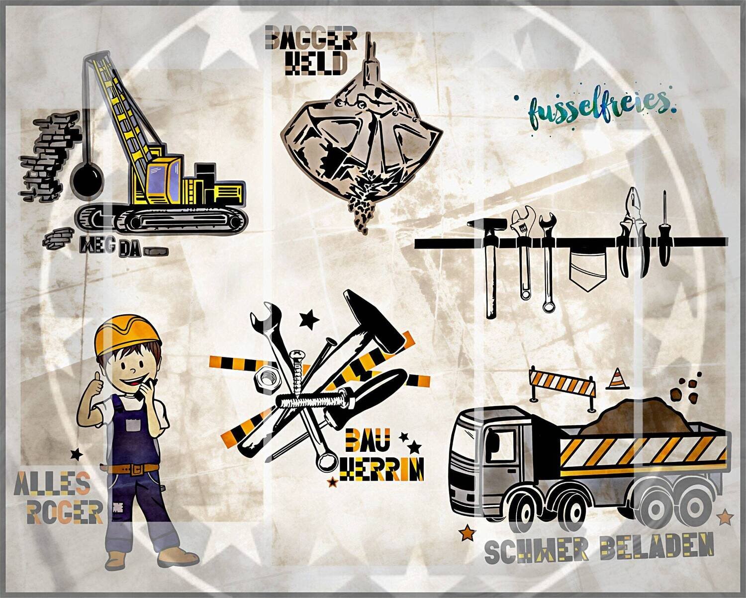 Auf der Baustelle Vol2  Plotterdatei DXF SVG Kran, Raupenkran, Abrissbirne, Werkzeug Gürtel, Bauarbeiter, Bagger Schaufel von Fusselfreies